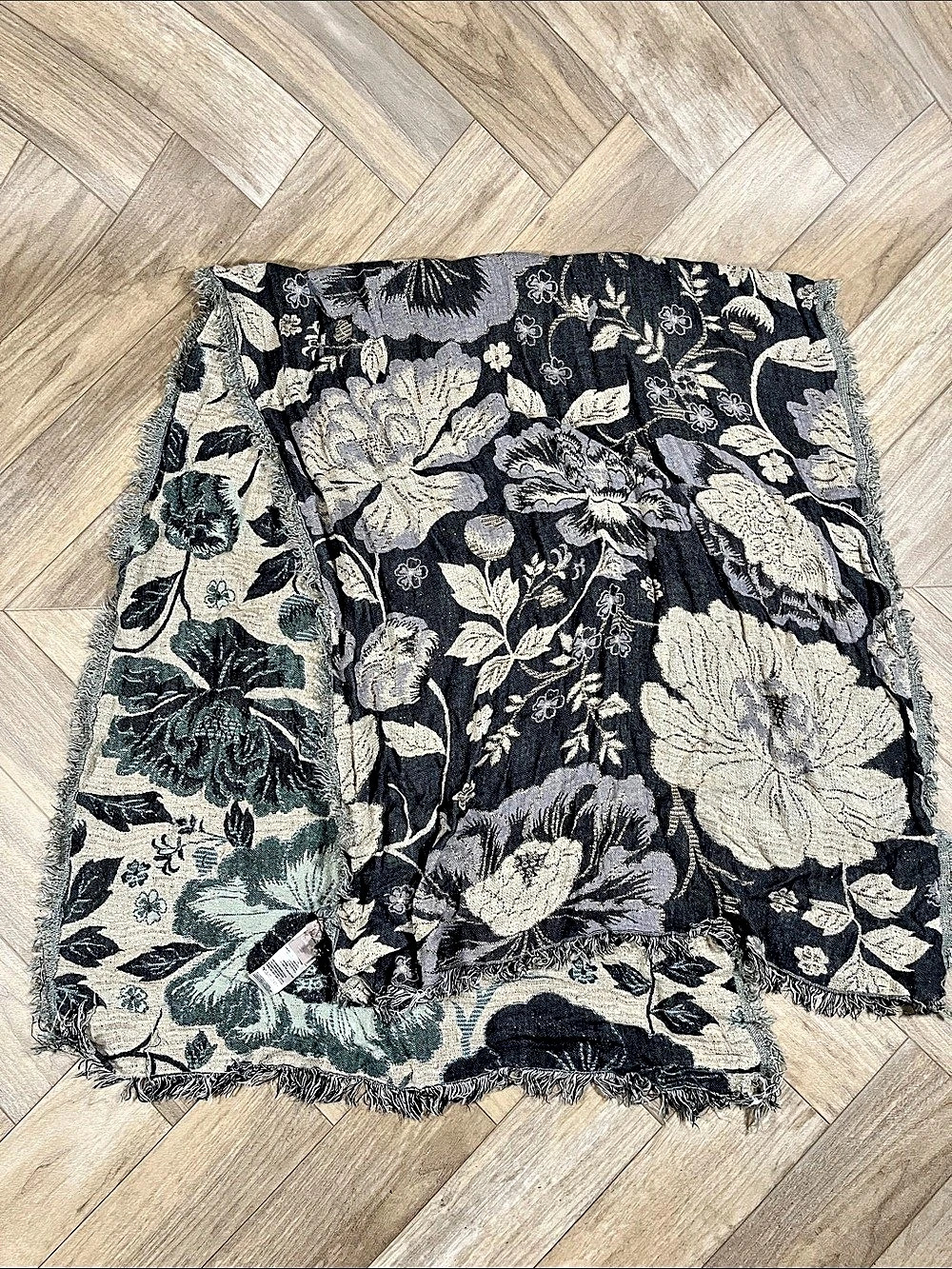 Chico's Floral Fringe Scarf in Black & Green